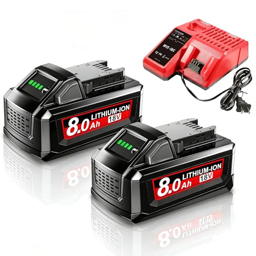 2X 18V 8.0Ah/8000mAh Ersatzakku für Milwaukee M18 + 4A Ladegerät Kompatibel für Milwaukee 18V Akku M18 M18B 48-11-1840 48-11-1828 48-11-1820 48-11-1815 48-11-1850