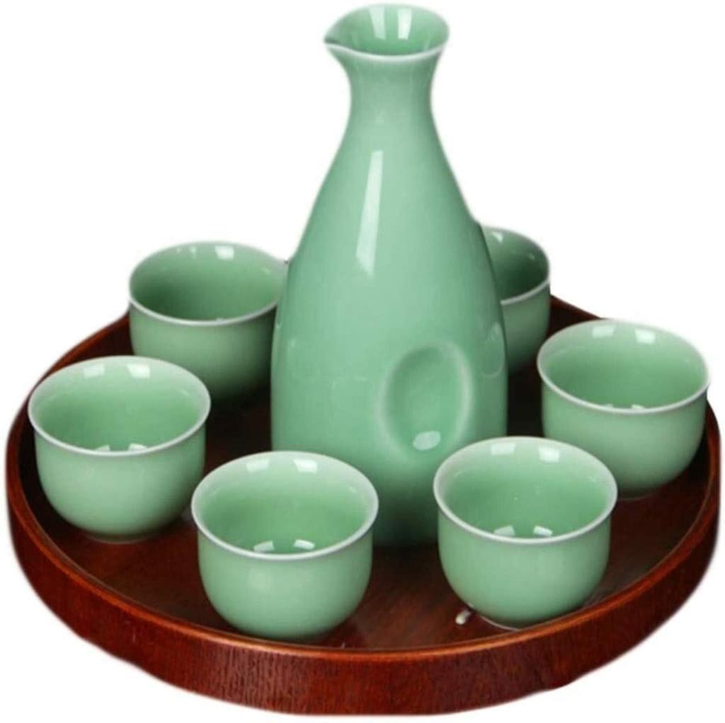 Japanese Sake Ceramic Set, 7 Pieces of Traditional Craft Celadon Wine Glass Ceramic Set (with Tray and Gift Box) is The Best Gift for Family and Friends