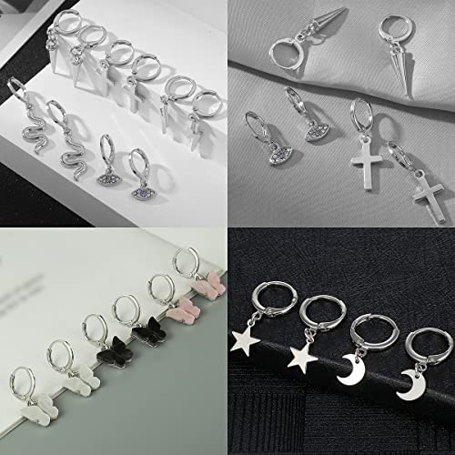 Aidsotou 12 Pairs Small Silver Butterfly Star Hoop Earrings Sets For Women Girls Mini Huggie Hoop Earrings With Dangle Charms #TOP3