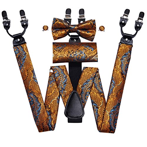 Mjwdp Silk 6 Clips Mens Suspenders Orange Floral Braces Bowtie Hankerchief Cufflinks Set For Men Suspender Wedding Business (Color : Orange, Size : One Size) #TOP4