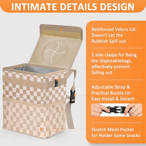 Image of Vankor Car Trash Can Bin with Lid Hanging for Back Seat, Car Accessories for Women Men Leak Proof Automotive Garbage Cans Leakproof Vehicle Trash Can for Truck SUV,Khaki Checkered