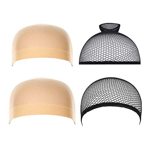 Wig Caps, 2 Pack Beige Stocking Wig Caps, 2 Pack Black Mesh Net Wig Caps, for Various Party Role-playing Use（4Pack ）