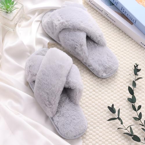 Image of VAIPI 6 Pairs Womens Cross Band Slippers Fuzzy Plush House Bridesmaid Slipper White | Black | Pink Open Toe Fluffy Slipper Soft Warm Bridal Slippers