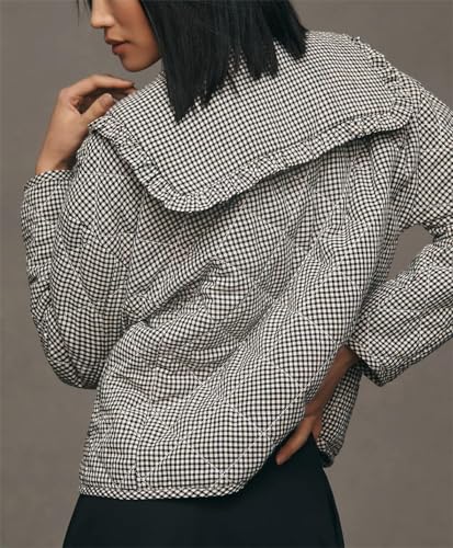 Women's Cropped Plaid Quilted Jacket Tie Front Lightweight Ruffled Lapel Collar Puffer Padded Coats with Pockets3