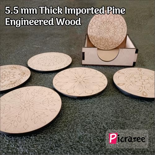 Image of PICRAZEE DIY Art & Craft Round Coaster Kit in Pine MDF | Acrylic Colors, Brushes & Palette | Ideal for Oil & Acrylic Painting, Decoupage, Lippan, Texture Art, Resin & Kids DIY Projects (M5)