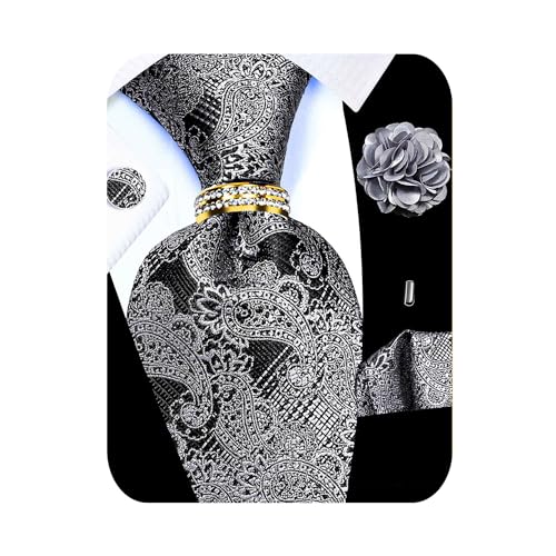 Image of 5PCS Tie and Pocket Square for Men, Silk Necktie and Handkerchief Cufflinks with Gold Ring and Lapel Pin Set