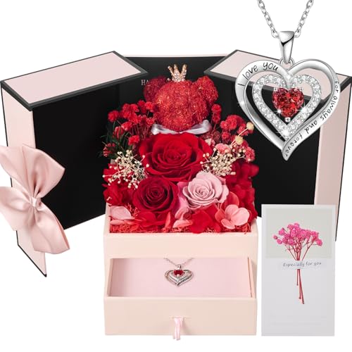Eeuwige Roos Geschenk voor Vrouwen | met Hartvormige Halsketting voor Dames | Infinity Roos en Mosbeer Cadeaudoos voor Mama, Vrouw, Vriendin, Oma | Voor Verjaardag, Kerst, Valentijnsdag, Moederdag