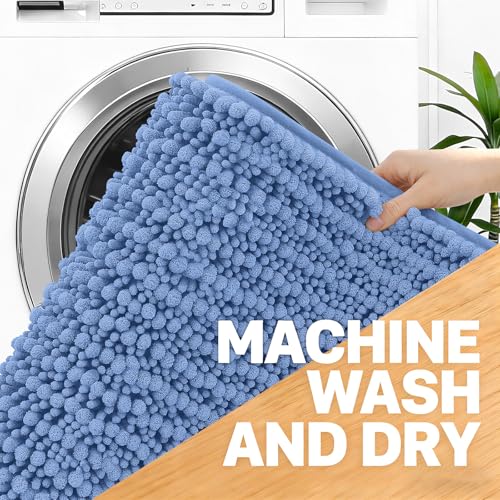 Image of OLANLY Bathroom Rug Mat 59x35, Thick Soft and Absorbent Chenille Bath Mat, Non-Slip Rubber Backing, Machine Washable Quick Dry Bath Rugs for Tub Shower Floor, Home Decor Accessories, Cornflower Blue