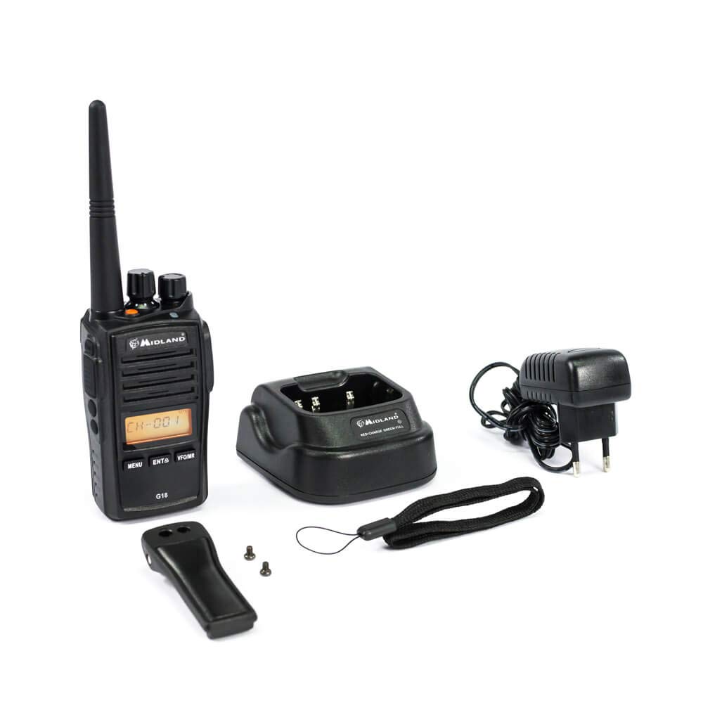 MIDLAND G18 Walkie Talkie Receptor de Radio - 1 Transceptor Semiprofesional, Batería Recargable de Ión de Litio (1600 mAh), Cargador de Sobremesa, Adaptador de Pared, Clip para Cinturón