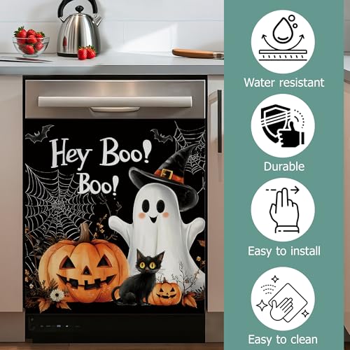 Image of Cute Ghost Dishwasher Covers for The Front Magnetic,Halloween Pumpkin Cat Refrigerator Magnets Decoration,Reusable Dishwasher Cover Panel for Home Kitchen Decor 23x26 Inch