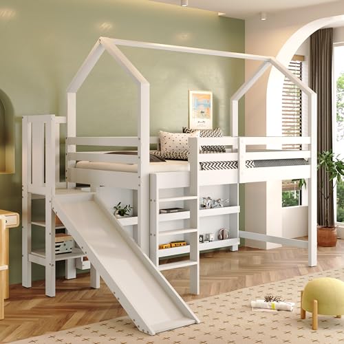 Zravenna Kinderbett Hochbett 90 * 200 cm mit Rutsche, Multifunktionales Kinder Bett mit Treppen und Schließfach Regal, Baumhaus Einzelbett mit Stauraum, Massivholz+MDF, Weiß