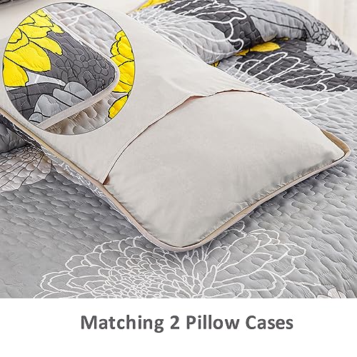 Anibedding Yellow Floral Pattern Quilt Set Queen Size - 3 Pieces Quilt Coverlet Elegant Bohemian Bedspread With 2 Pillowcases Soft Lightweight Bedding Quilt Set For Adults (Yellow,90"X90") #TOP5