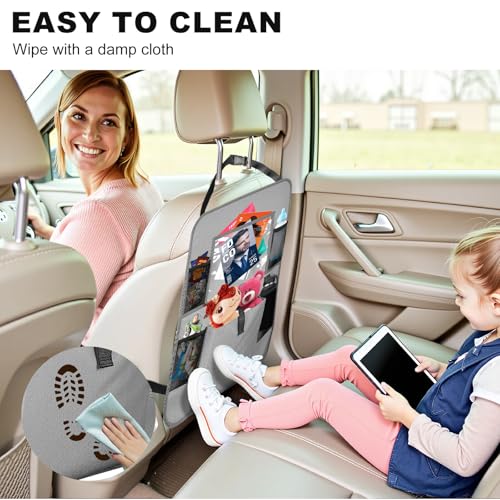Image of Car Backseat Organizer with Tablet Holder, 6 Storage Pockets Seat Back Protectors Kick Mats for Kids, Car Seat Protector for Road Trips 2 Pack (Grey)