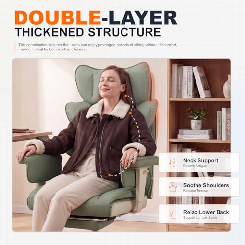 Image of Dowinx Big and Tall Office Chair with Pocket Spring Cushion,High Back Computer Gaming Chairs with Adjustable Armrests,Executive Desk Chairs with Lumbar Support and Footrest,PU-Green
