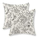 Black Pillow Covers 18x18 Set of 2 Black and Cream Chinoiserie Bird Floral Throw Pillows Vintage Hummingbird Flower Decorative Pillow Cases Linen Outdoor Decorative Cushion Cover for Couch Sofa