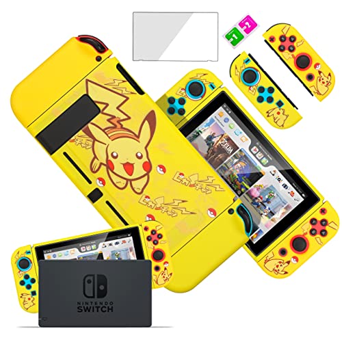 oqpa for Nintendo Switch Case Cute Kawaii Cartoon Design Cover, Fun Funny Fashion Switch Game Shell for Girls Kids Women Screen Protector Glass + TPU Soft Cases for Nintendo Switch (Pokeball Pikac)