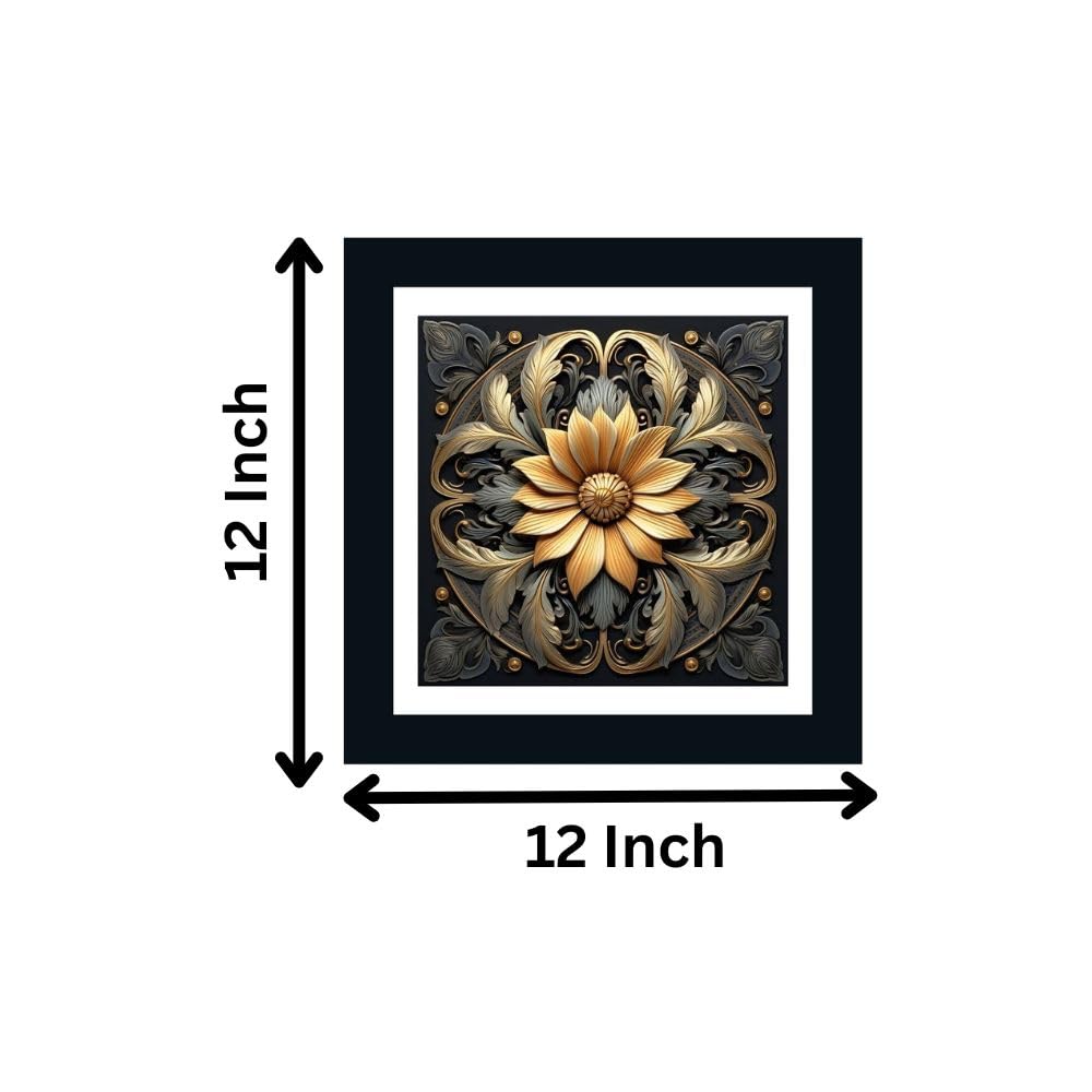 DEKORSTATION Golden Flower Mandala Art Wall Painting/Art Print/Poster Frame For Living Room, Bedroom, Office, Home Decoration Item/Black Frame for Wall DΓ©cor Size: 12 x 12 Inch 2