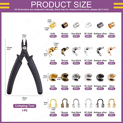 Swpeet 1501 peças, 6 cores, 4 estilos, contas de crimpagem de tubo de latão com kit de alicate de cr