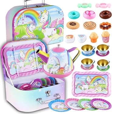 AMAZON - Peertoys Unicorn Tea Party Set for Little Girls, Party Toys Teapot Gift Set for Kids Age Party Decorations Pretend Kitchen Play Princess with Storage Case and Accessories Plates Age 3 4 5 6 7