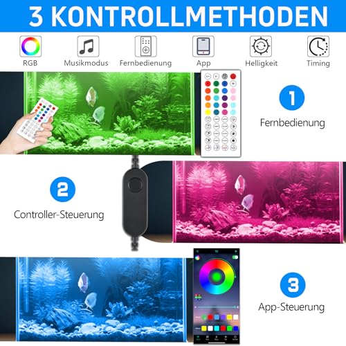 LED Aquarium Beleuchtung, DIY Vollspektrum Aquarium Licht mit APP Steuerung Fernbedienung, Fish Tank Lamp mit Timer, 20 Farben und 10 Helligkeitsstufen, 8W Aquarium Lampe für 90-110CM Tank – Bild 3