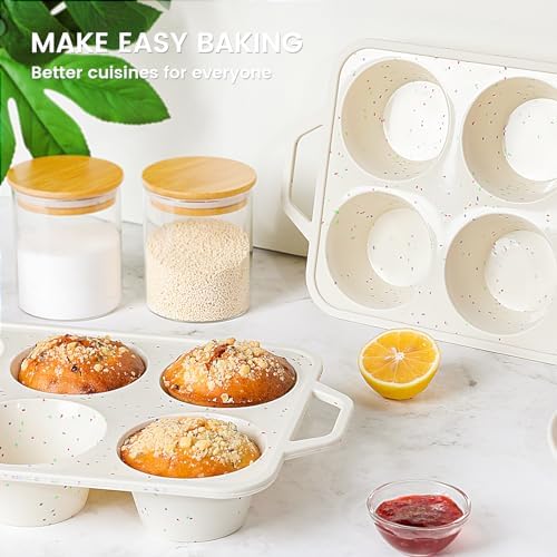Vinino Jumbo Muffin Pan with Metal Reinforced Frame-2Pack, Silicone Cupcake Pan for Baking 6 Cup Jumbo Size, BPA Free Silicone Muffin Tray, Cupcake Baking Pan Molds for Oven Dishwasher Safe-Cream - 4