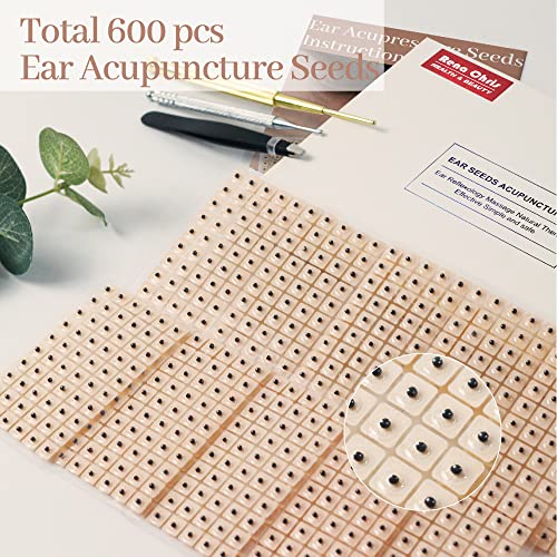 Multi-Condition Ear Seeds Acupuncture Kit, Facial Reflexology Tools, with Acupuncture Ear Press Seeds 600Pcs, Acupuncture Pen, Acupressure Ear Chart, Tweezers