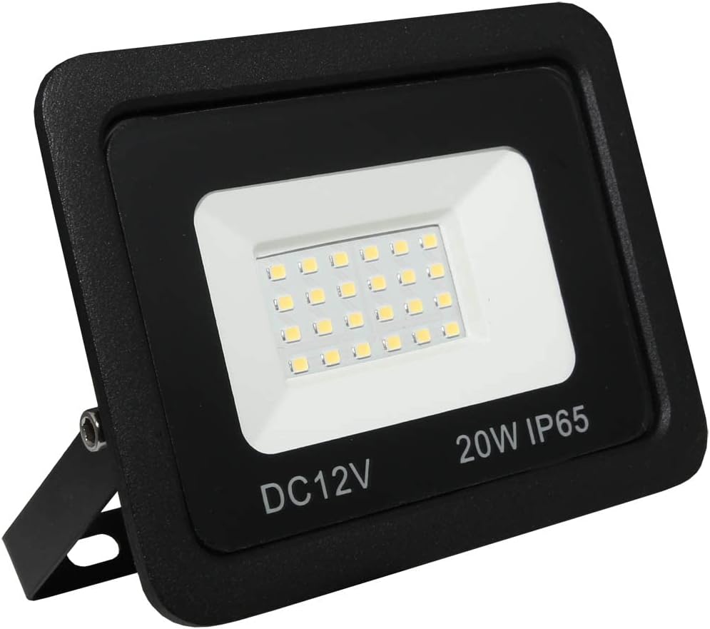 LOWENERGIE 12V DC LED Floodlight, IP65 Outdoor Security Light with PIR Motion Sensor, 10W-50W Garden Solar Flood Lamp, Black (6000K - Day White, 20w Non PIR)