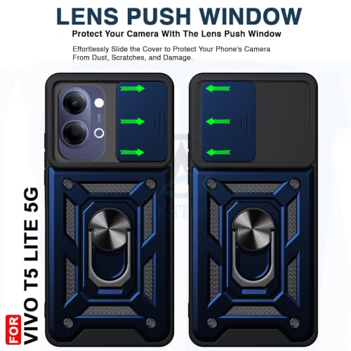 Image of AESTMO Tough Armor Vivo T5 Lite 44W 5G Bumper Back Case Cover | Ring Holder & Sliding Camera Shield Cover | 360 Degree Protection Back Case Cover for Vivo T5 Lite 44W 5G (Blue)