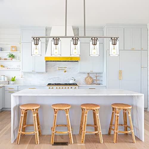 Vinluz Kitchen Island Pendant Light Fixture 5 Lights Metal Farmhouse Chandeliers In Brushed Nickel Finish Linear Classic Ceiling Hanging Lighting With Glass Shade For Dining Room, Foyer, Restaurant #TOP7
