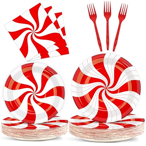 Image of 100Pcs Christmas Peppermint Paper Plates and Napkins Party Supplies Candy Cane Party Tableware Set Red and White Striped Christmas Winter Party Decor Favors for Holiday Xmas Theme Party Serves 25