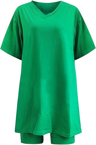 Miniatura 3 de Conjunto de 2 piezas de talla grande para mujer cuello en V camiseta con abertura lateral pantalones cortos con control de abdomen