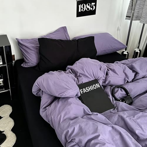 Image of mixinni Solid Purple Duvet Cover Set Queen Size - 100% Washed Cotton 3-Piece Minimalist Bedding Set, Ultra Soft Breathable Solid Color Purple Comforter Cover with Zipper & Corner Ties, Full Size
