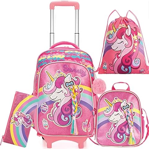 HTgroce Unicorn Rainbow School Bag Backpack Trolley with 2 Wheels for Children Girls, Children's School Trolley Suitable for School and Travel, with Lunch Bag and Pencil Case, Pink (pink unicorn) Cover