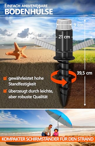4smile Sonnenschirm Strand 3-IN-1 SET mit Bodenhülse, Ø 180 cm, Himmelblau