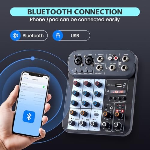 Image of 4 Channel DJ Audio Mixer, DJ Mixers Sound Board, Sound Mixer Board XLR 1 /4 inch Interface, BT USB MP3 Computer Input 48V Phantom Power Stereo Karaoke DJ Studio Streaming KTV Stage