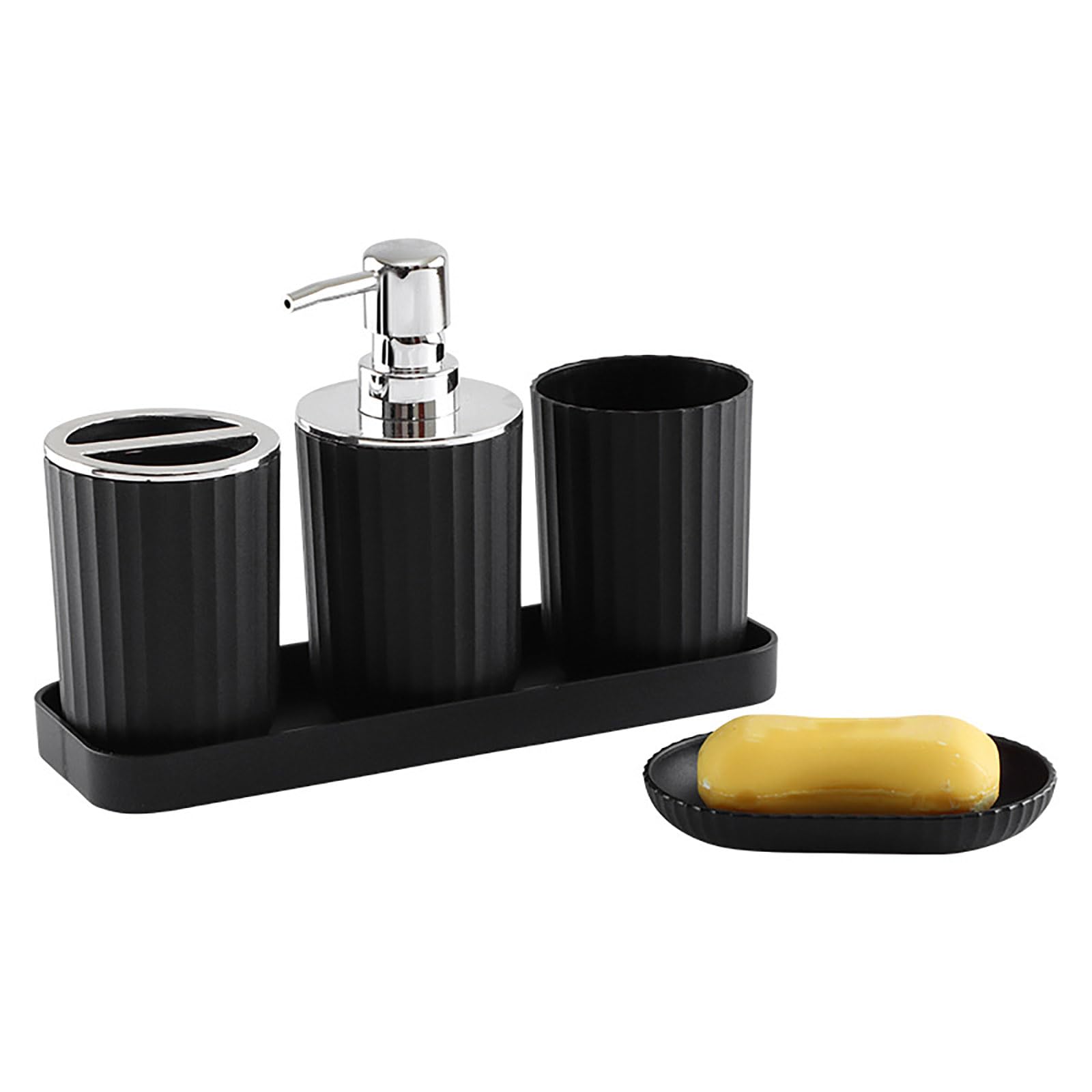 Juego de accesorios de baño de 5 piezas, dispensador de jabón, soporte para cepillo de dientes, vaso y jabonera con bandeja de bambú
