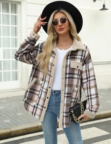 HOTOUCH Flannel Jackets Womens Sherpa Trimmed Shackets Fleece Patchwork Plaid Long Sleeve Button Down Winter Coats S-XXL2