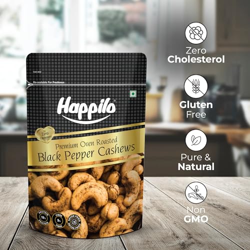 Image of Happilo Salted Black Pepper Whole Cashews 160g|Crunchy Nuts|Non-Fried|Zero Cholesterol Natural Jumbo Size Whole Kaju Nuts & Dry Fruits|Rich in Protein, Roasted Crunchy Delicious Healthy Snacks