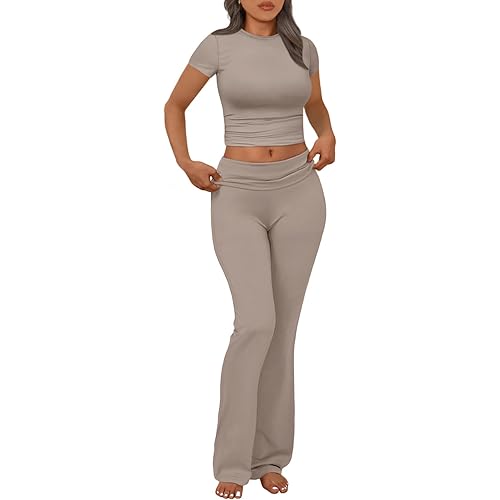 Trendy Queen Lounge Sets For Women 2 Piece Casual Y2K Outfits Short Sleeve Cropped Tops Fold Over Flare Pants Tracksuits