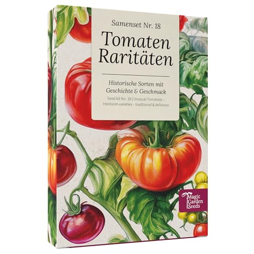 Magic Garden Seeds - Tomaten Raritäten Saatgut-Box mit 9 historischen Sorten - bunte, aromatische & samenfeste Tomaten für Garten, Hochbeet & Topf - mit Geschichte & Geschmack
