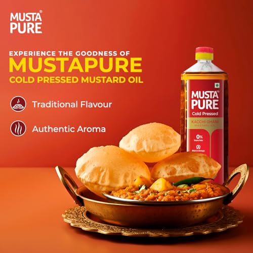 Image of Musta Pure Cold Pressed Kachi Ghani Mustard Oil 1 Litre Cooking Oil, Unrefined, Naturally Cholesterol Free, A1 Grade Real Seeds For Natural Aroma & Flavour For Roasting, Frying, Baking - PET Bottle