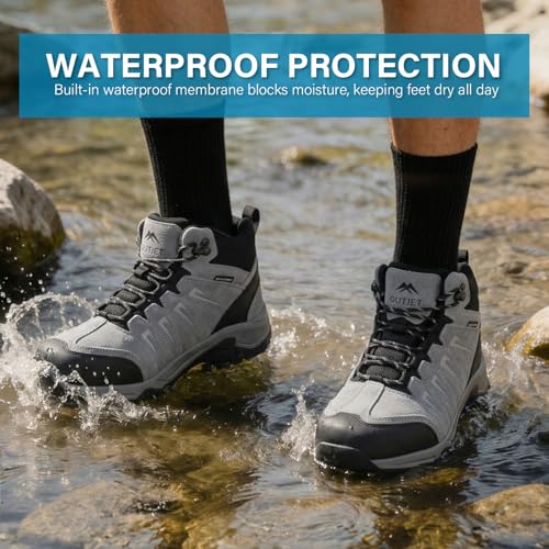 Image of Men's Waterproof Hiking Boots Lightweight Leather Mid Ankle Outdoor Trail Trekking shoes