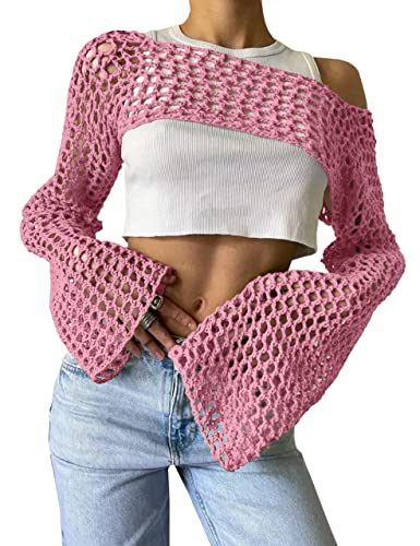 Image of PICPUNMAK Women Grunge Crochet Knit See Through Crop Tops Cover Up Shrug Long Sleeve Crew Neck Casual Cropped Smock Top Pink