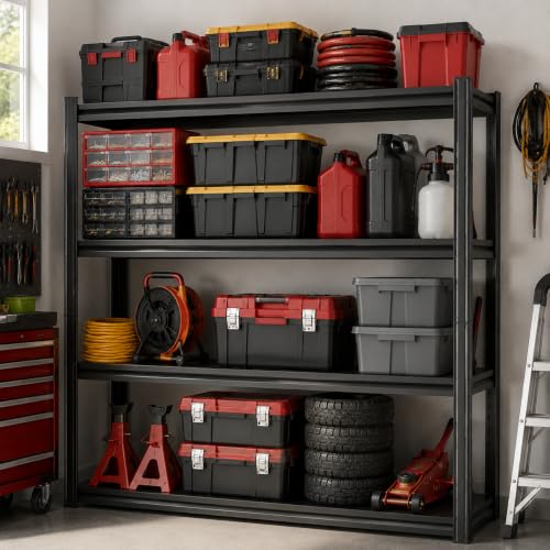 Image of Metal Garage Shelving Unit, Heavy Duty Adjustable Storage Shelves, Steel Shelving, 2000 lbs Capacity Shelves for Heavy Tools and Equipment, 4 Tier, 19.7 inch W x 13.8 inch D x 44.1 inch H