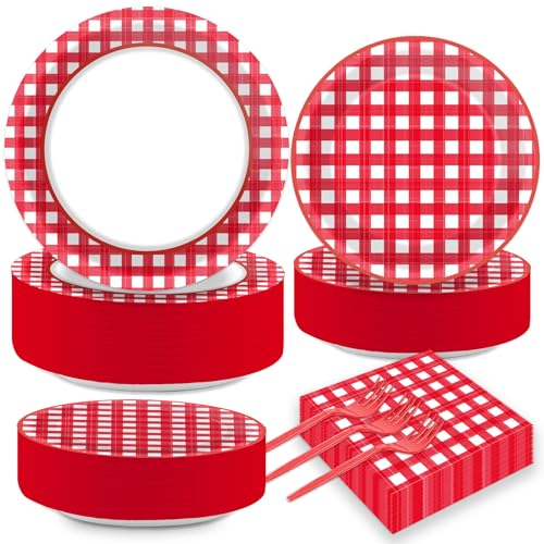 Naozinebi 200pcs Red and White Plates Napkins Checkered Plaid Paper