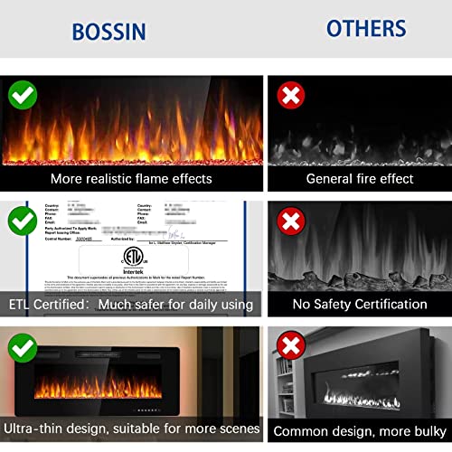 Bossin 42 Inch Ultra-Thin Silence Linear Electric Fireplace, Recessed Wall Mounted Fireplace, Fit For 2 X 4 And 2 X 6 Stud, 12 Adjustable Flame Color & Speed,Touch Screen Remote Control With 8H Timer #TOP4