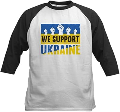 CafePress We Support Ukraine Baseball Jersey Kids Cotton Baseball Jersey, 3/4 Raglan Sleeve Shirt Black/White