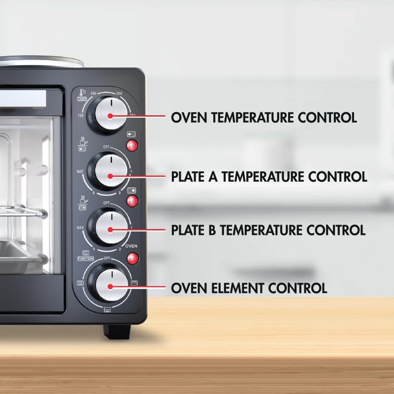 Close-up of the control knobs on the Bennett Read KEC402 Compact Oven, labeled for oven temperature, plate A temperature, plate B temperature, and oven element control.