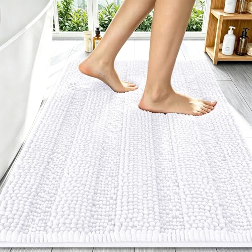Image of Smiry Thick Chenille Bathroom Runner Rugs 59x20, Absorbent Bath Mat, White | Quick‑Dry & Machine Washable, Non‑Slip Bath Carpet, Soft Striped Bath Rugs for Tub & Shower, Modern Home Decor Accessories