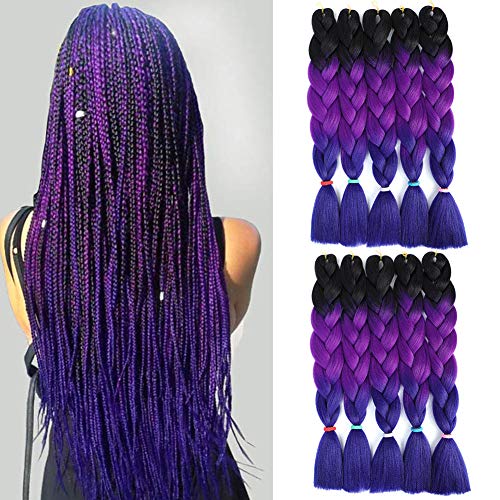 SYbeauty Ombre Braiding Hair 24inch 10Pcs/Lot Kanekalon Braiding Hair Extensions Jumbo Braids Synthetic Hair for Braiding (24", Black-Purple-Blue)